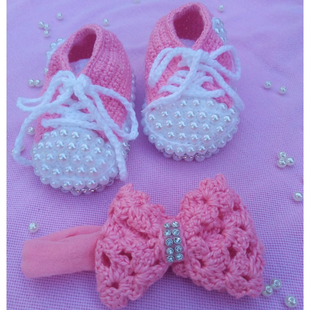 Kit Tênis de crochê, crochê, sapatinho para bebê, tênis com pérolas, faixa de cabelo