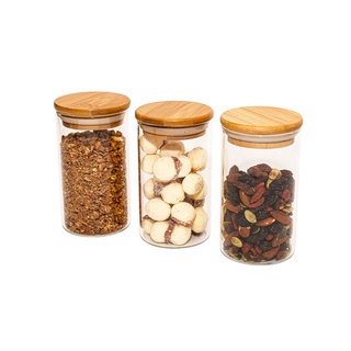 Potes De Vidro p/ Mantimentos 300ml c/ Tampa Bambu - 3 pçs
