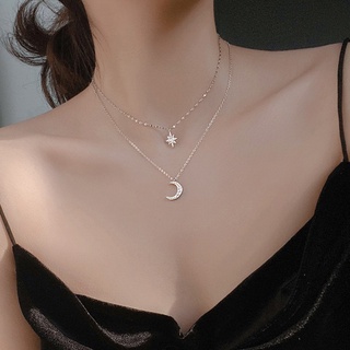 [VVV Home] s925 Sterling Silver Star Moon Colar Estrela da Lua Dupla Camada Colar Fêmea Niche Design Temperamento Cadeia de Oito pontas Estrela Clavícula