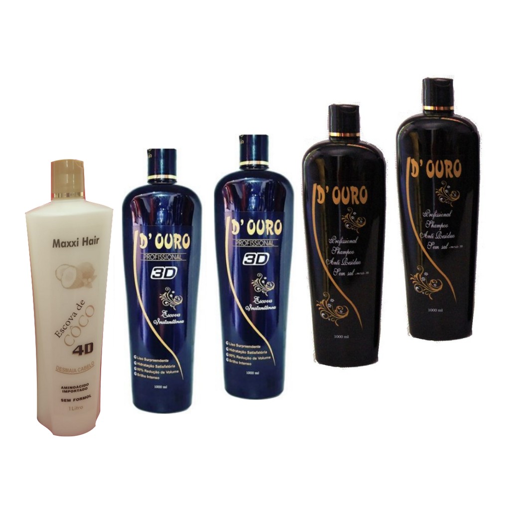 2 escovas 3D d ouro + 1 escova de coco progressiva liso intenso sem formol maxxi hair + 2 shampoo anti resíduos