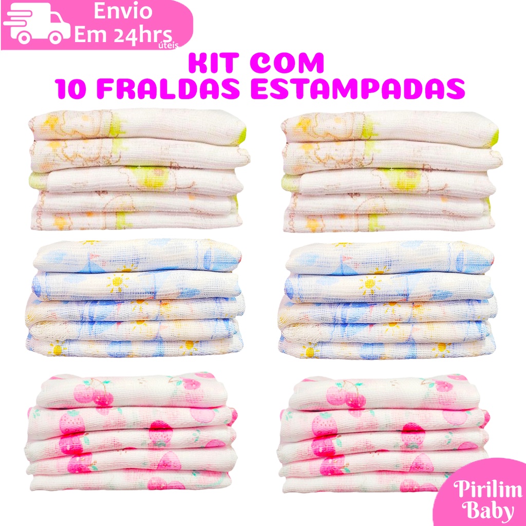 Fralda de pano kit com 10 unidades fina 60x60cm 100% algodão Minasrey em Oferta na Shopee
