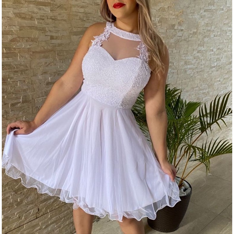 Vestido noiva civil midi rodado de tule com manga princesa