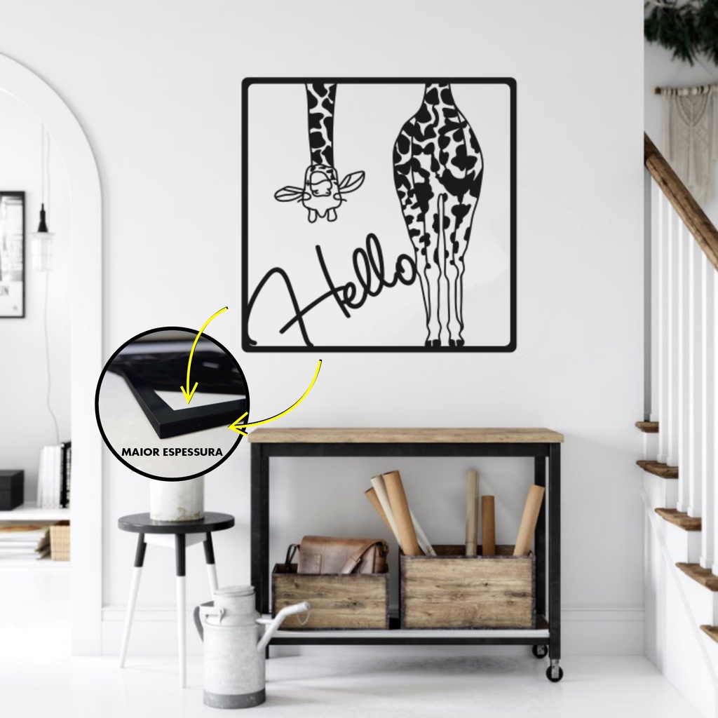Quadro Decorativo Hello Girafa Vazado MDF 6mm Corte a Laser - Vazado - Laqueado - G 60x40 - M 45x45