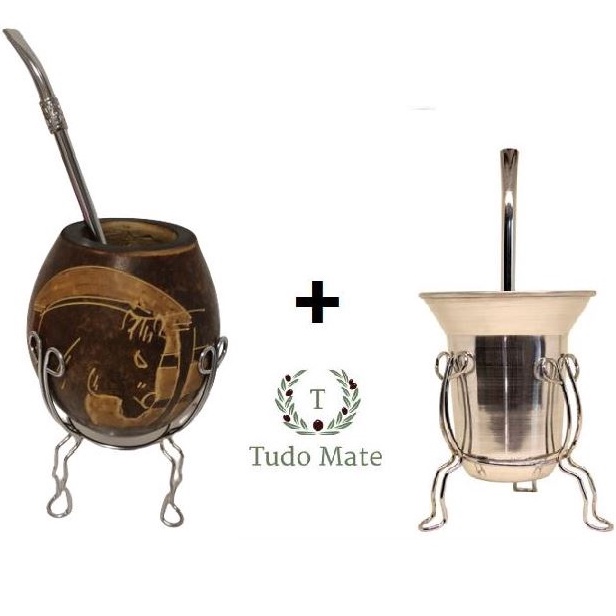 Cuia Chimarrão Coquinho com Tripé e Bomba + Cuia Copo Para Tereré em Alumínio com Tripé e Bomba
