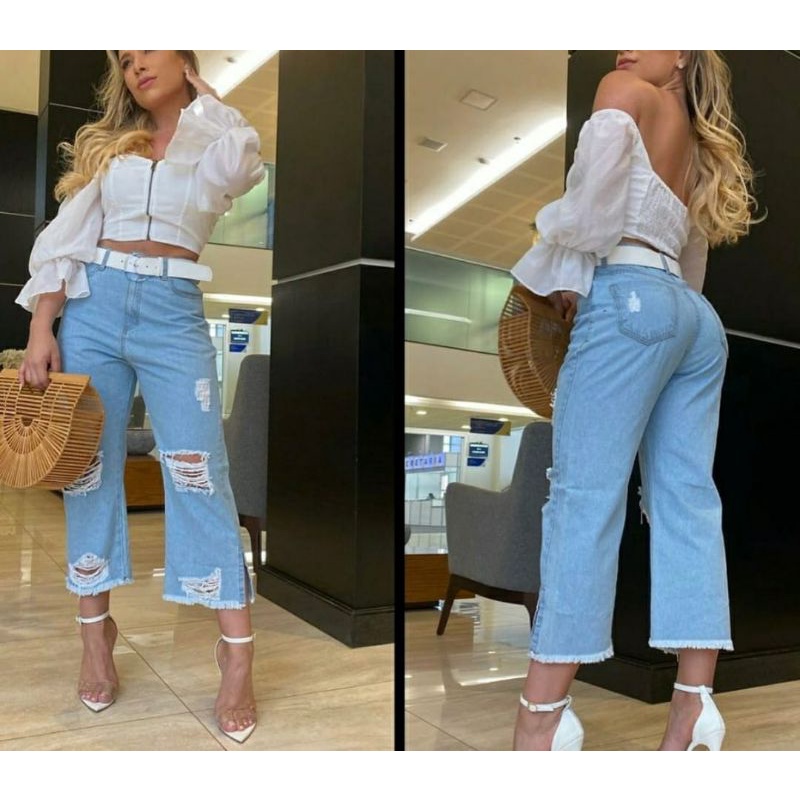 calça Pantacour rasgada  Destroyed barra desfiada calça lisa em Oferta na Shopee
