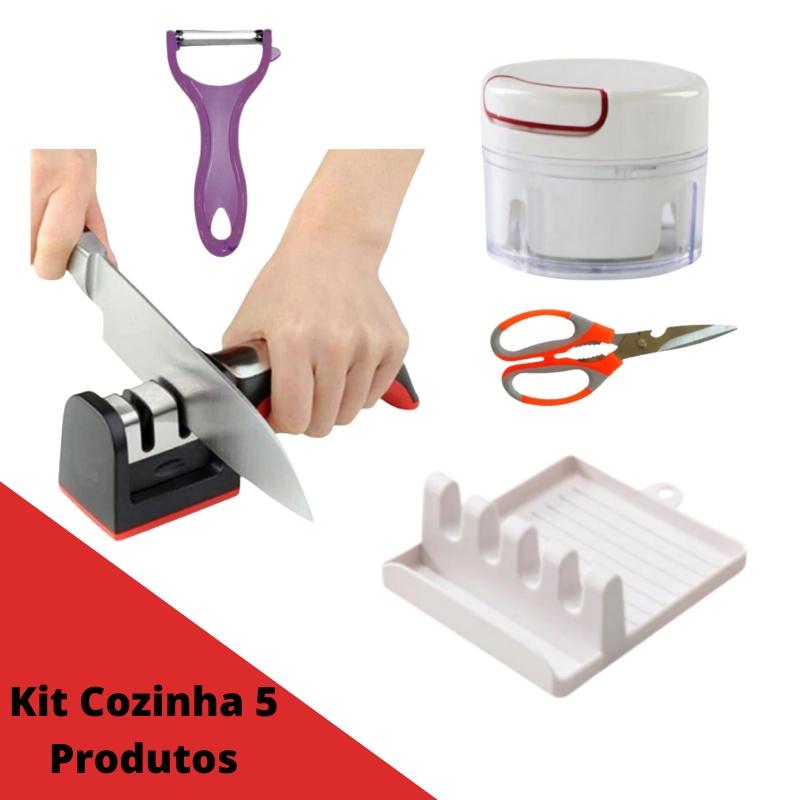 Kit com 5 Utensílios Amolador de Facas, Descascador, Tesoura, Mini Triturador de Alimentos e Porta Talher