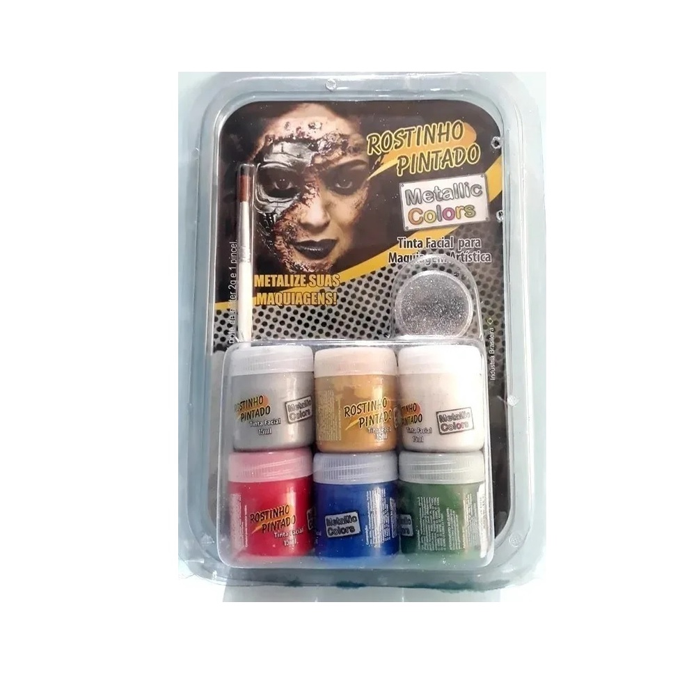 Maquiagem Artística Kit Com 6 Tintas Metálica Facial e Corporal Fantasia Haloween + Pincel + Gliter
