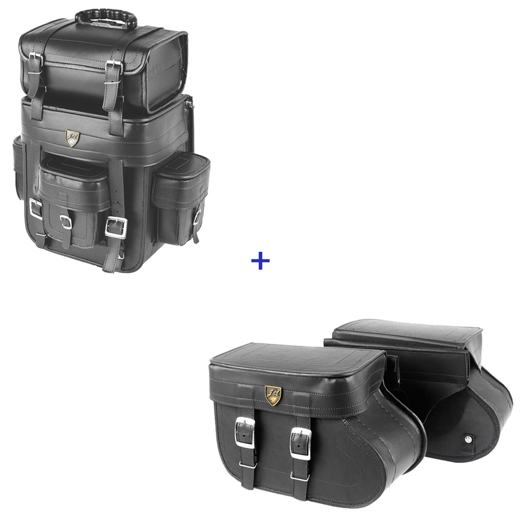 Kit Viagem Alforge Traseiro 32 Litros em Couro Sintético Liso + Alforge Lateral Botinha 18 Litros Couro Sintético Liso