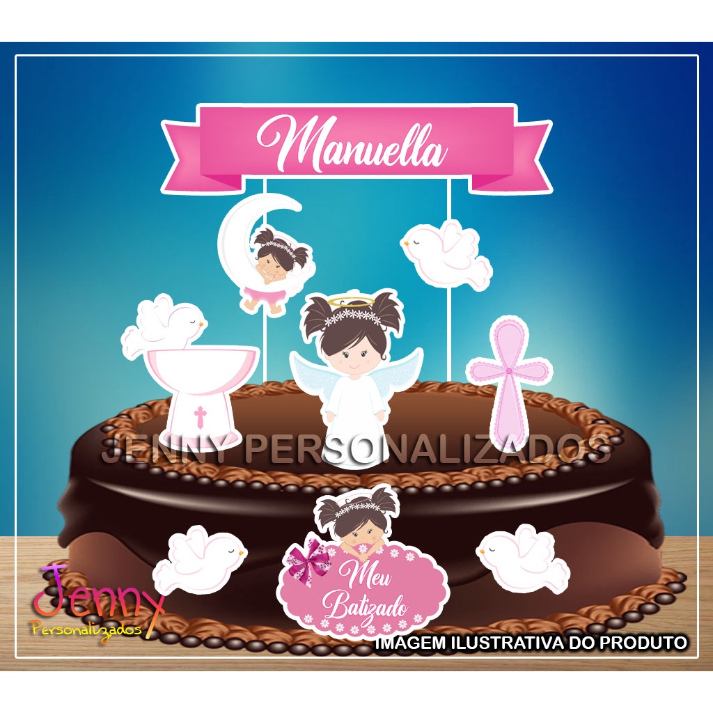 Topo Topper de Bolo Batizado Menina Personalizado