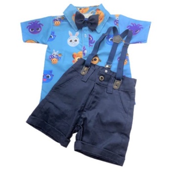 Conjunto BOLOFOFOS Kit Camisa, bermuda, suspensório e Gravata Mesversário Aniversário