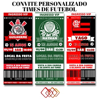 Convite de Aniversário - Times de Futebol Personalizado + Envelope 6X16cm - Festa - Corinthians - Plameiras - Santos - Flamengo - São Paulo
