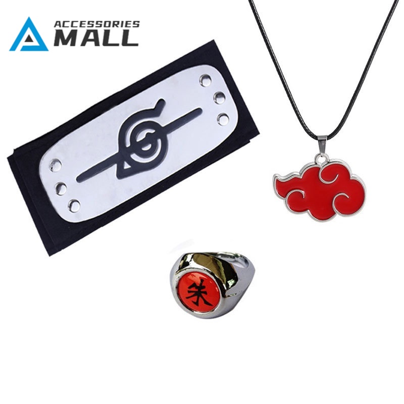 Conjunto de duas ou três peças de colar de Naruto Akatsuki Itachi Anel Penn Bandolete Vermelha Nuvem