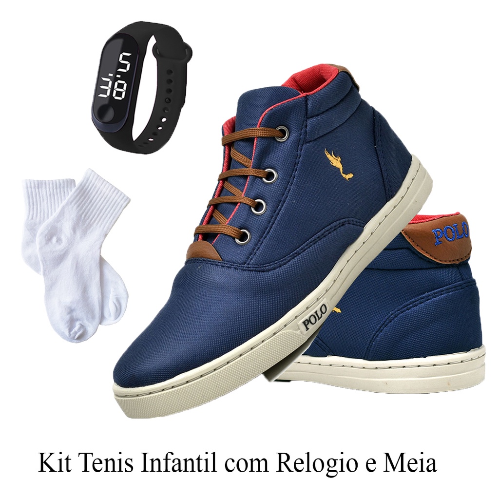 Combo Tênis Masculino Infantil Polo Blu na cor Azul Leve com meia e Relógio Digital do 37 ao 46