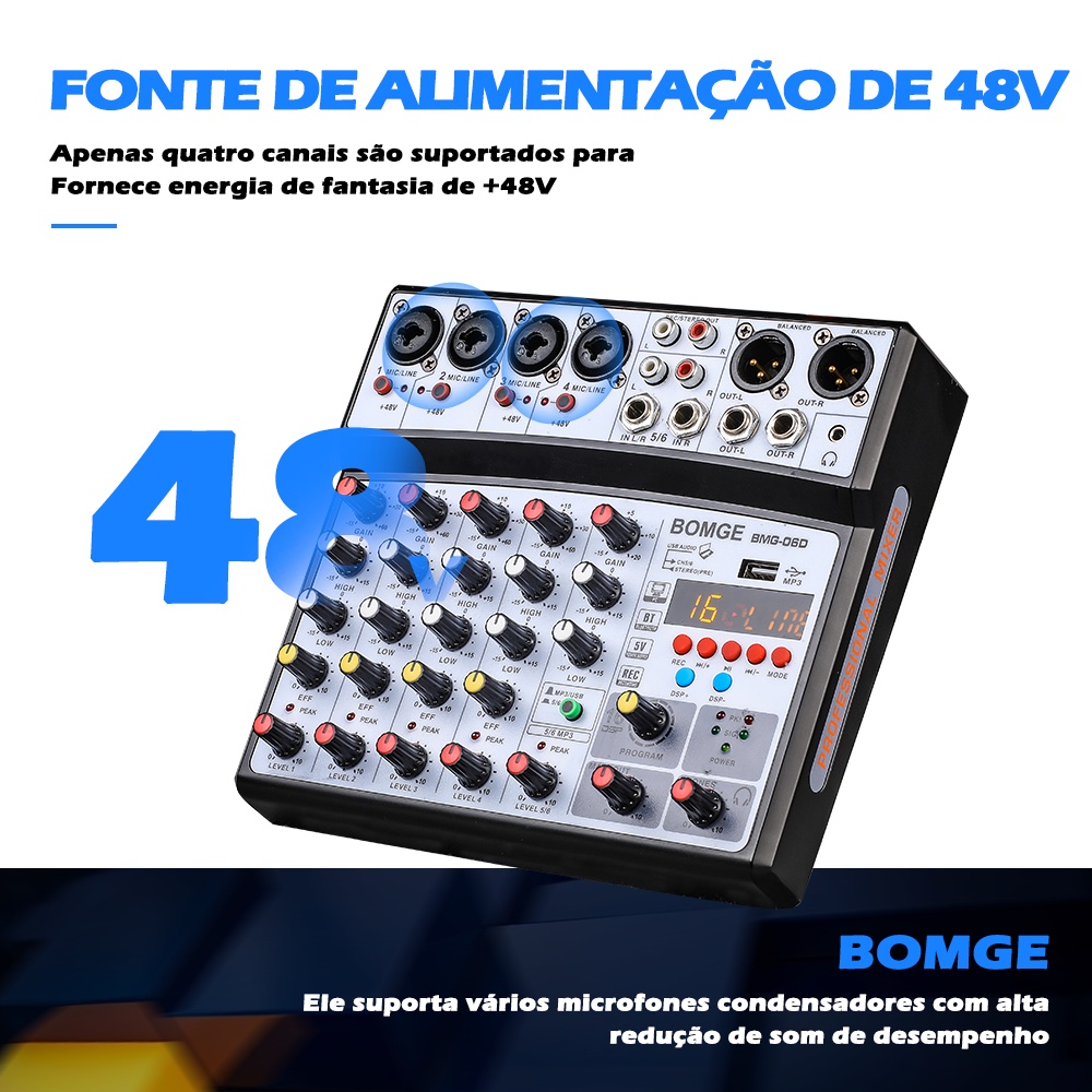 BOMGE 6channel dj mixer De Áudio Com MP3 USB Bluetooth , Disko 48V phantom  power , 5V Fonte De Alimentação , 16 DSP Efeitos De Echo | Shopee Brasil