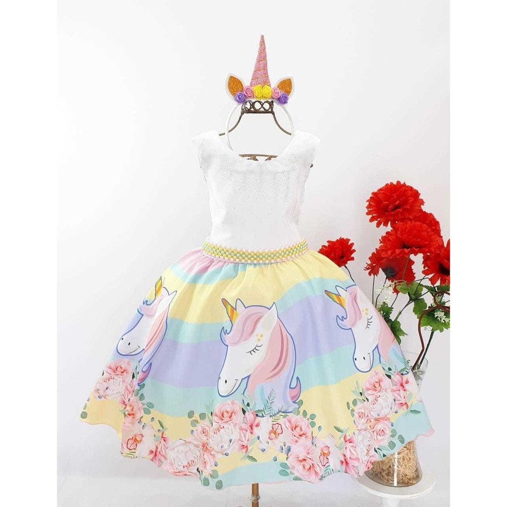 Vestido Infantil Unicórnio Flores Colorido Tema Aniversario Festa Com Tiara