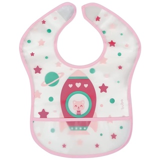 Babador Bebê Impermeável com Bolso Coletor de Migalhas +3 Meses Foguete Rosa Buba