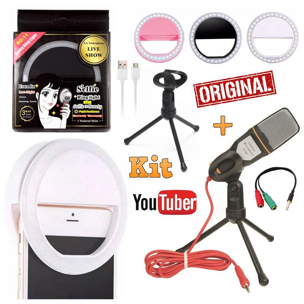 Kit Microfone de Mesa Condensador Profissional Para Pc Celular Universal + Luz Flash Ring Light Youtuber