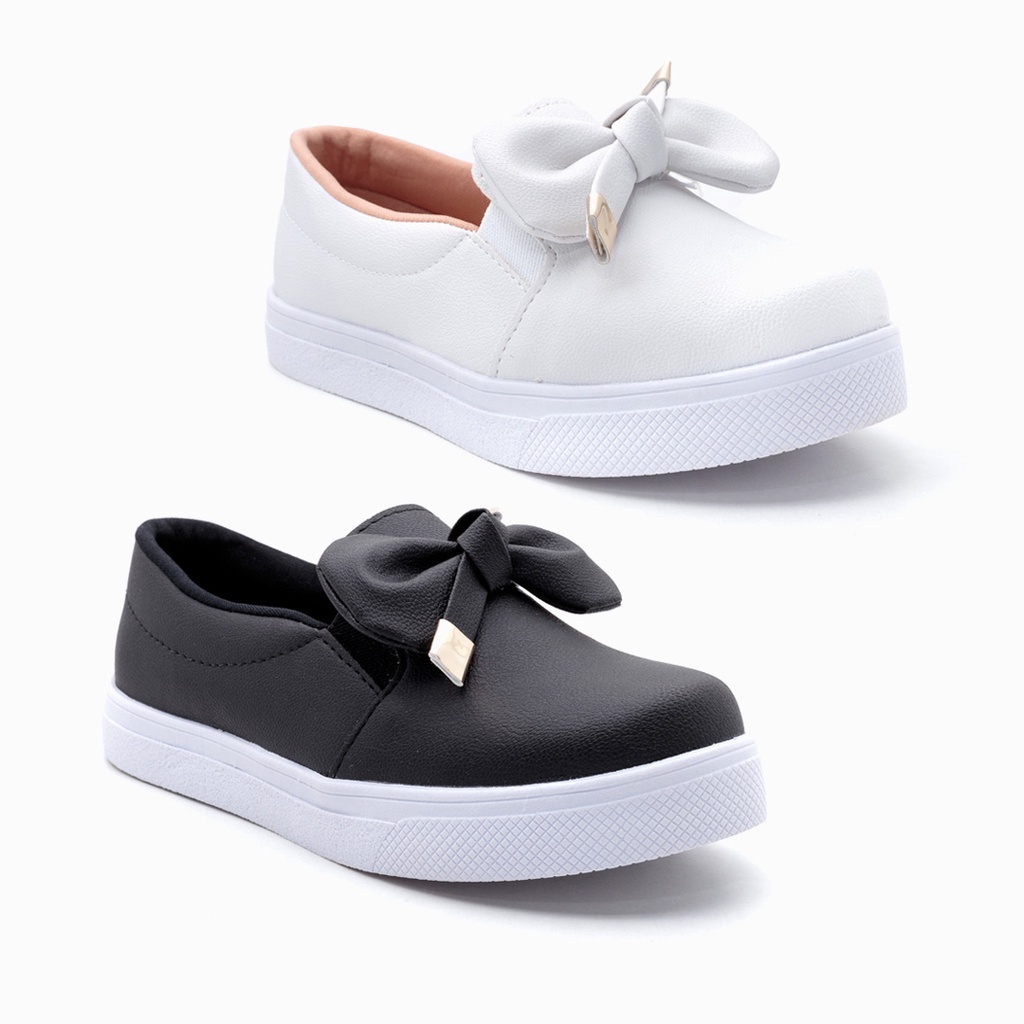 Kit Tênis Feminino Slip On Laço Napa Branco Preto