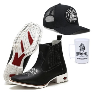 Kit Country Botina Boné Caneca Bico Quadrado Solado Branco Moda Sertaneja Cowboy