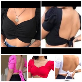 Cropped feminino princesa detalhe drapeado amarração nas costas tecido poliester fashion