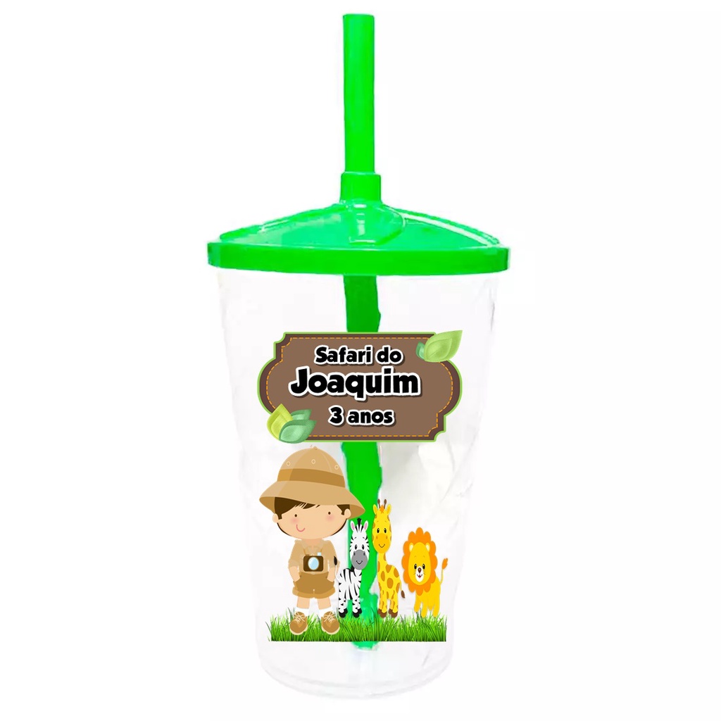 30 Copos Twister Shake Personalizado 400ml C/Tampa e Canudo Lembrancinha Safari