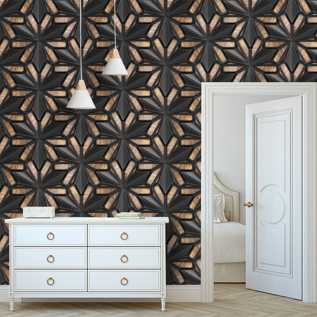 Papel de Parede Adesivo Autocolante Design 3D Lançamento Quarto e Sala Geométrico Preto Amadeirado