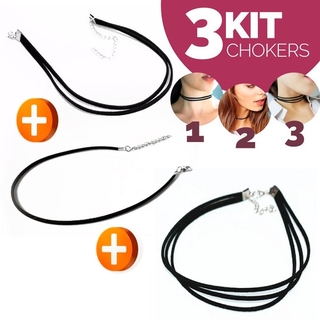 Kit 3 Chokers Gargantilha Duplo, Triplo Courinho Camurça