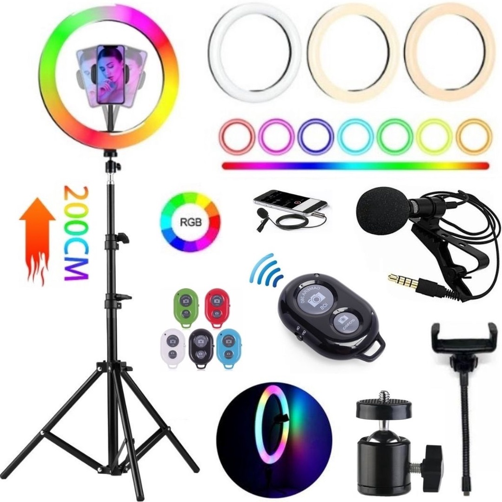Hing Ring Light Rgb Luz Led Colorida + Tripé 2m Suporte Celular Controle Foto Vídeo Insta Tiktok