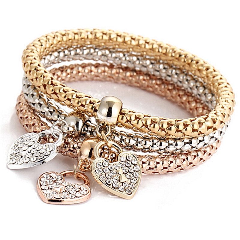 3un / Conjunto Pulseira Feminina De Ouro / Prata / Rosa Com Strass / Bijuteria | 3Pcs/Set Fashion Women Gold Silver Rose Gold Bracelets Rhinestone Bangle Jewelry