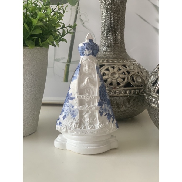 imagem nossa senhora aparecida baby infantil 15 cm gesso manto Flor azul