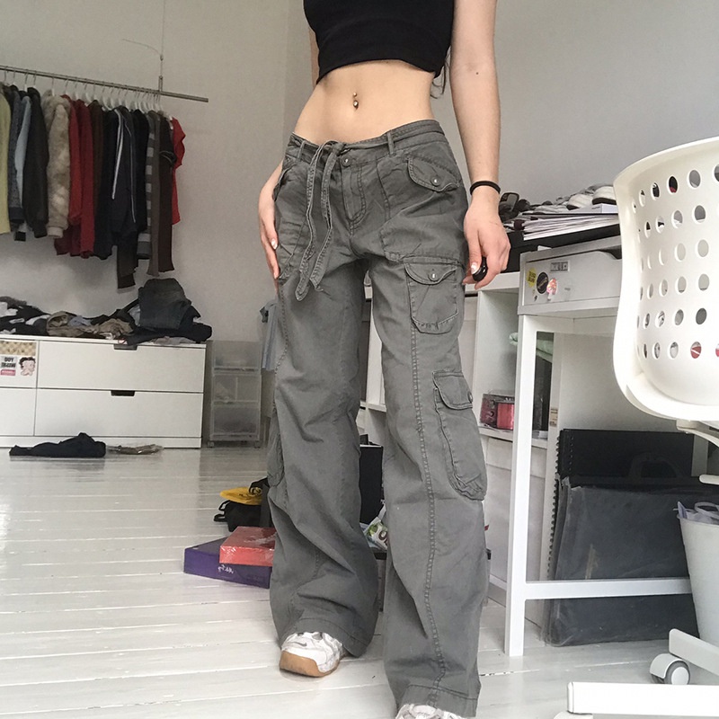 Calça De Carga Feminina Y2K E-Girl Streetwear De Cintura Alta