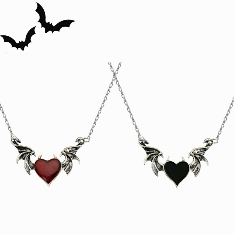 Colar Gótico Punk Coração Asas/ Morcego Aço Inoxidável