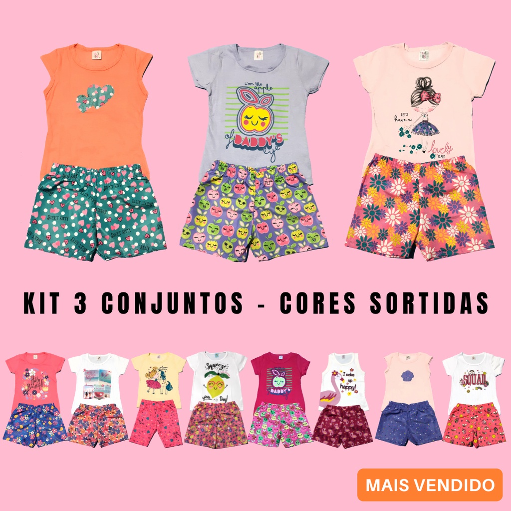 Lote 6 Peças de Roupas | 3 Short + 3 Blusa Menina | Conjunto Infantil Feminino Promoção