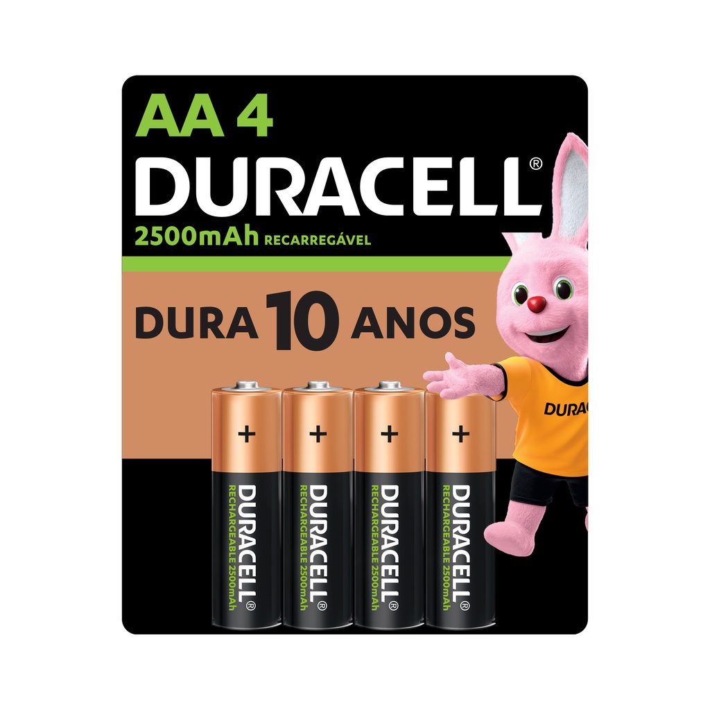 Pilha Recarregável AA Pequena 2500mah Duracell com 4 Un.