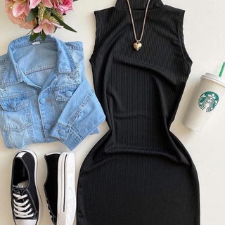 vestido feminino curto gola alta manga cavada canelado