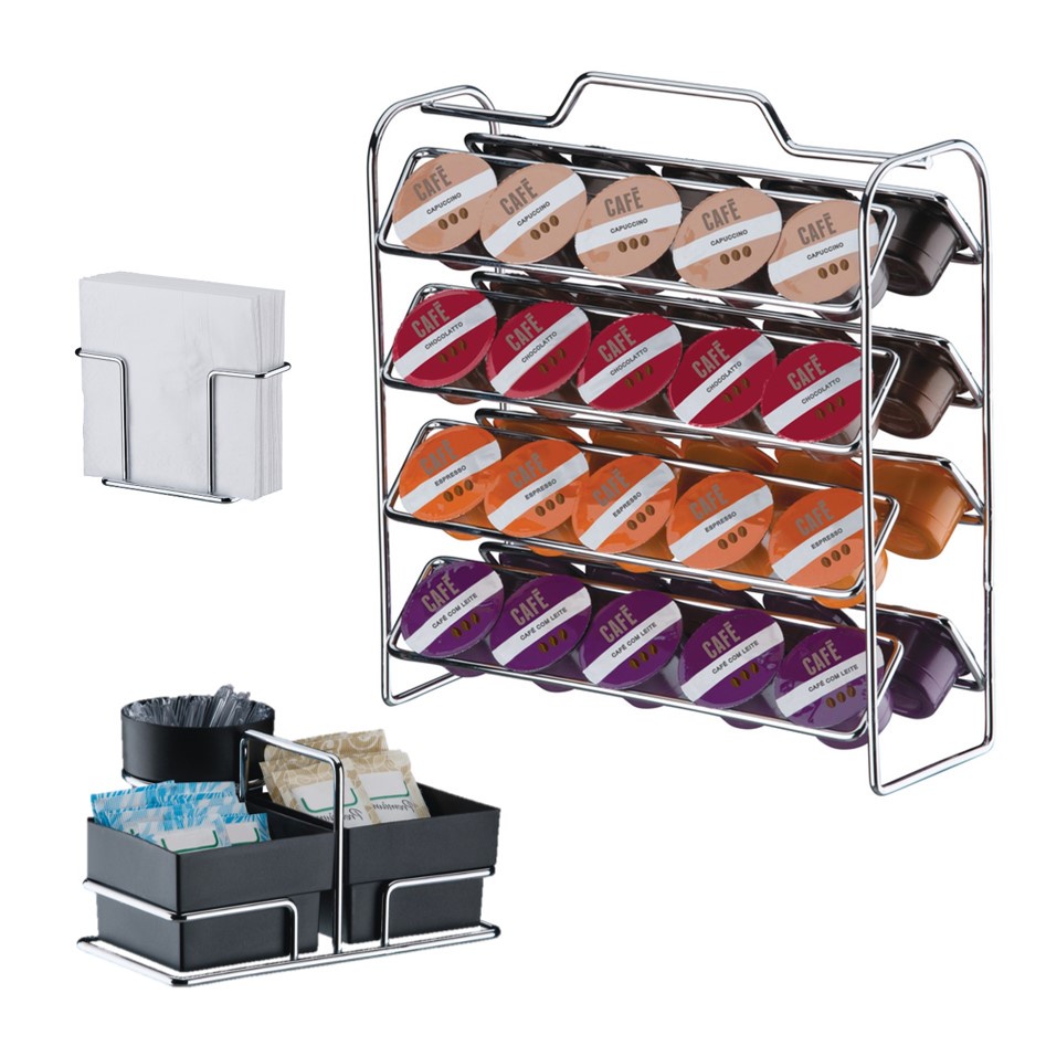 Kit Suporte 40 Cápsulas 3 Corações +  Porta Guardanapos + Suporte Sachês - 1146 Cromado Future