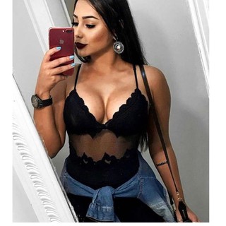 Body Bore Blusa Feminina Renda Alça Fina Alcinha Decote V Blogueiras