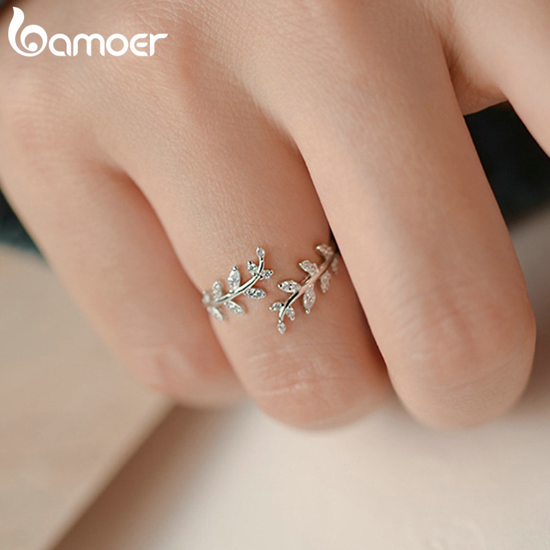 Detalhes do Bamoer Anel Aberto Feminino De Prata 925 Com Folhas Delicadas Para Mulheres/Meninas