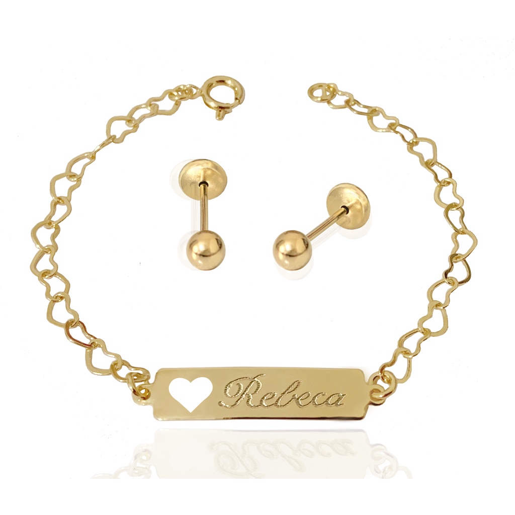 Kit Infantil Brinco e Pulseira Antialergico com Nome Gravado Banhado a Ouro 18k + Garantia em Oferta na Shopee