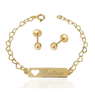 Kit Infantil Brinco e Pulseira Antialergico com Nome Gravado Banhado a Ouro 18k + Garantia em Oferta na Shopee