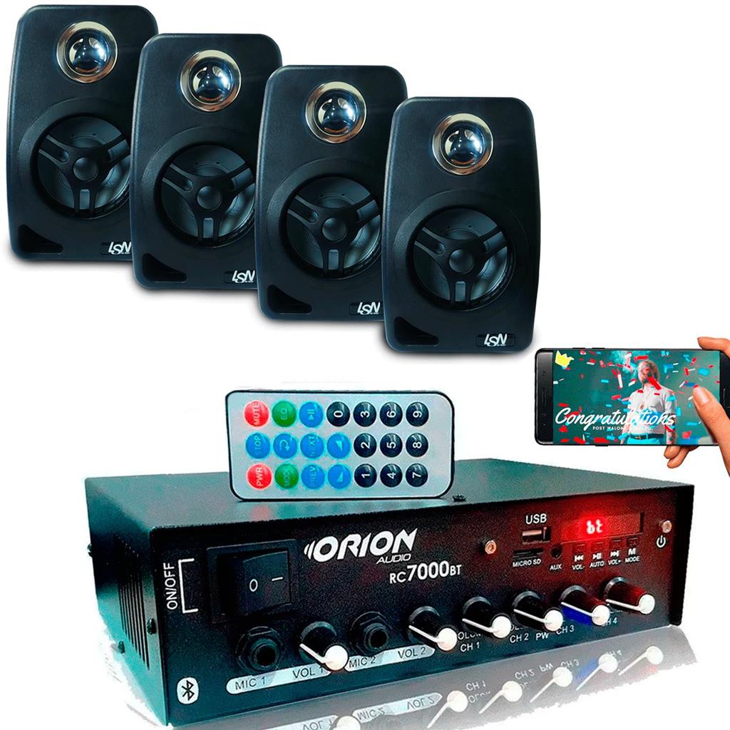 Kit Som Ambiente 500w Bt+4 Caixas Parede Pretas Leson 70 Rms