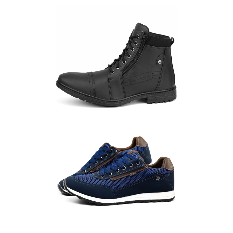 Kit Bota Coturno e Tênis Sapatênis Masculino Casual Confortável Esporte Fino Zíper Lateral Solado Tratorado Flexível Liso Costurado Macio Leve Básico Promoção