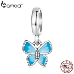 Bamoer Pingente 925 Prata Fuuny Borboleta Azul Beads Para As Mulheres Menina Diy Colar Pulseira Acessórios