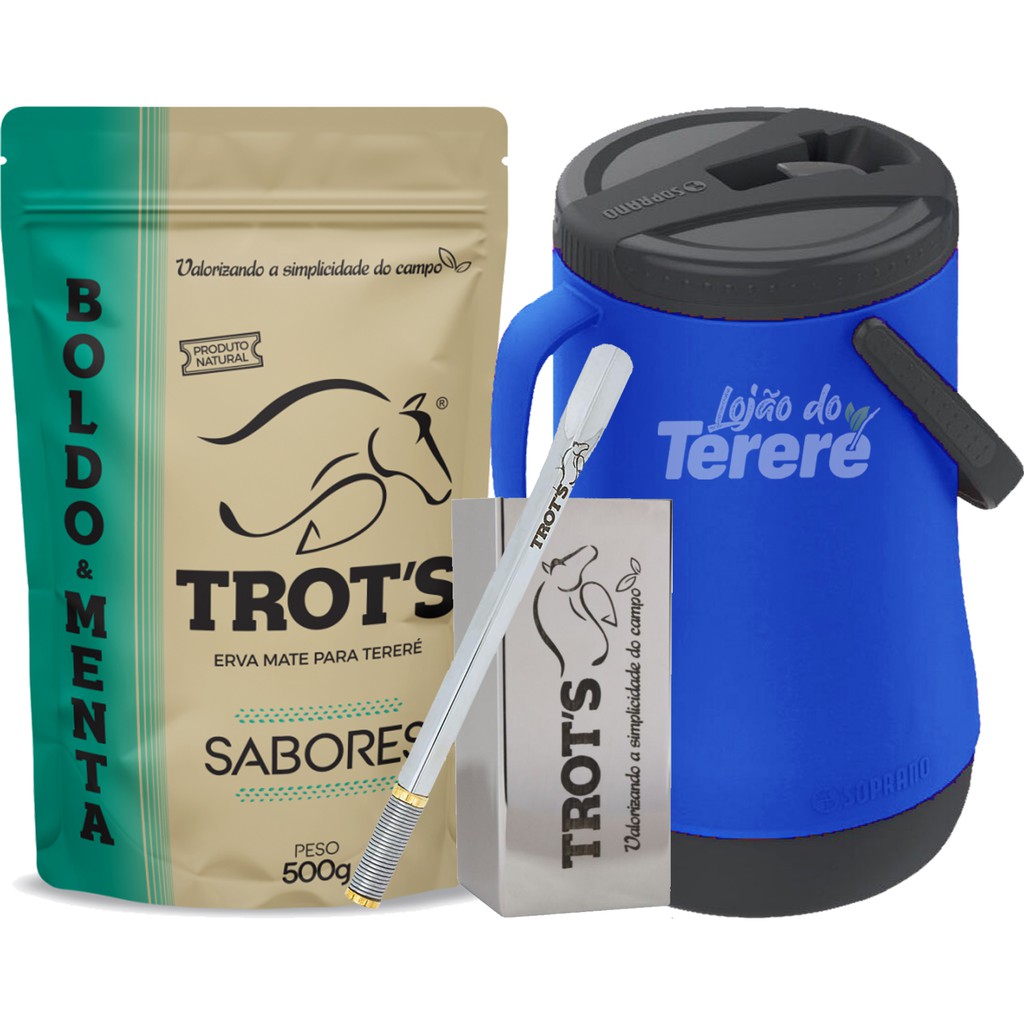 KIT ERVA-MATE TERERÉ TROTS + GARRAFA TÉRMICA + COPO E BOMBA INOX TROTS