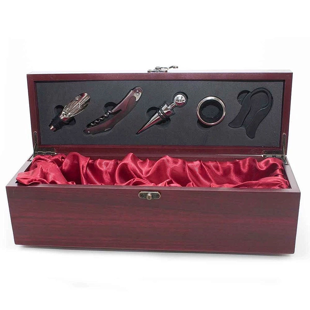 Kit Porta Vinho Lívon Caixa de Madeira Luxo Metal com 5 Acessórios