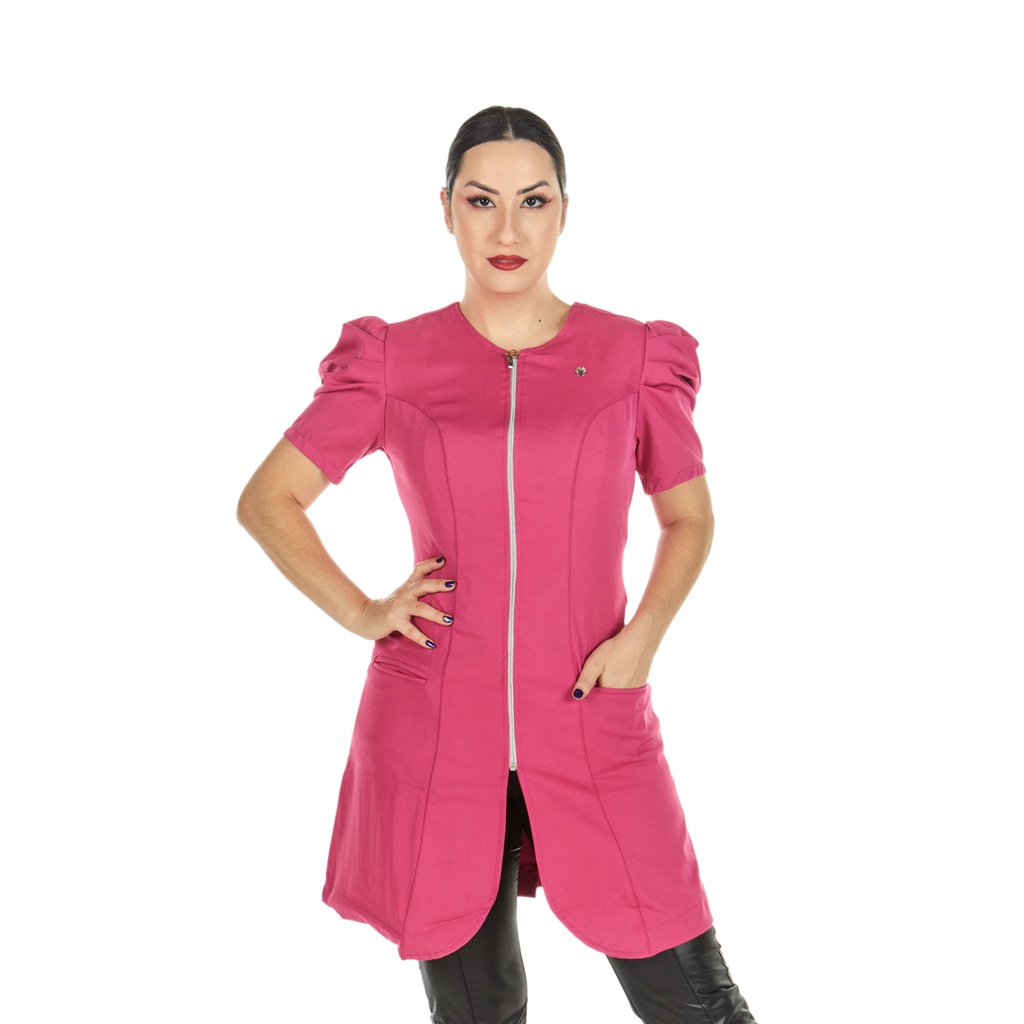 Jaleco Feminino Manga Curta Bufante Princesa Zíper Acinturado Rosa Pink Esteticista Salão de Beleza Estudante Profissional