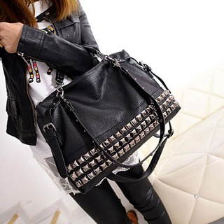 Rebite PU Bolsa De Couro Das Mulheres Novo 2022 Moda Prata/Preto Sacos Do Mensageiro De Um Ombro Grande Z474