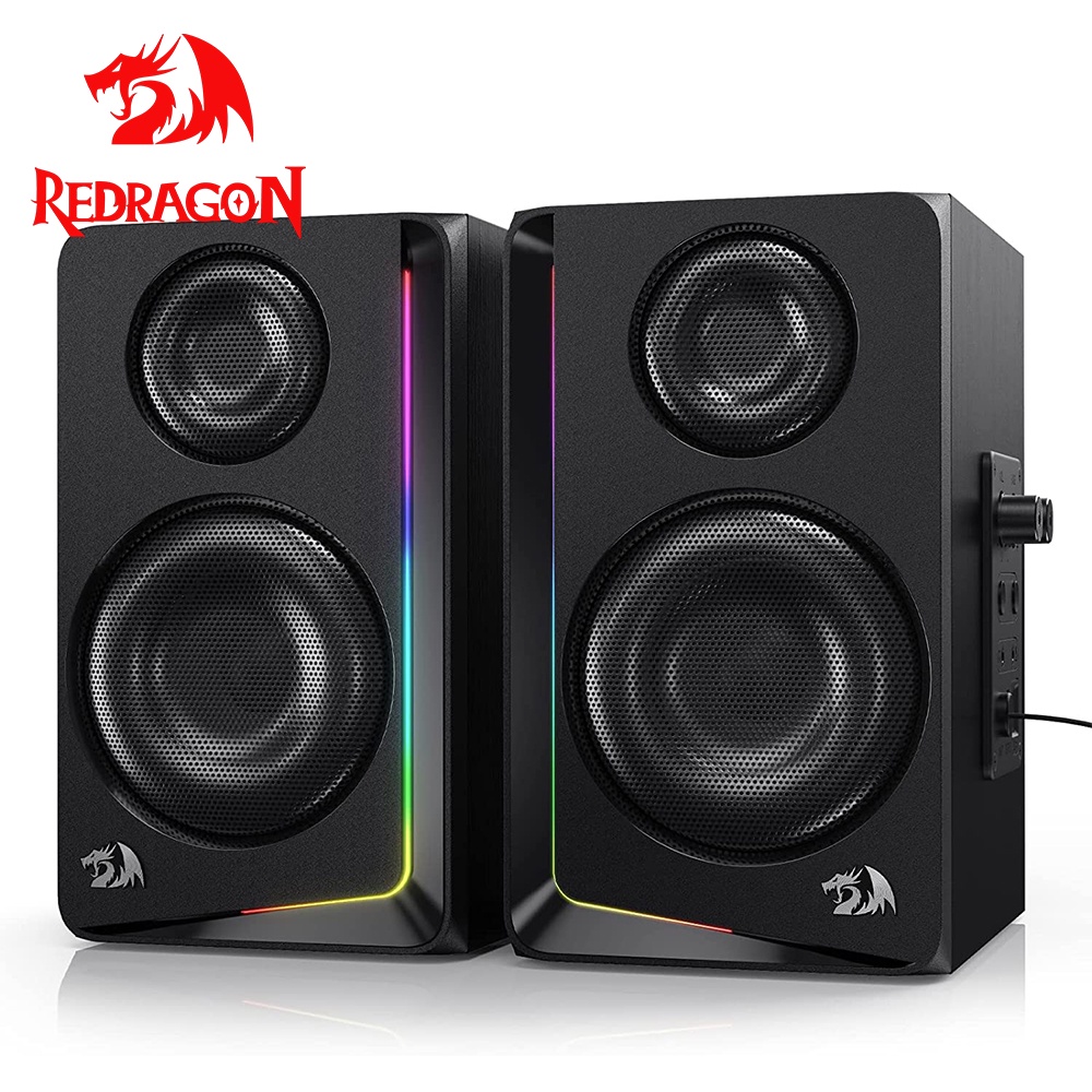 Redragon GS812 Alto-Falantes Sem Fio RGB De Madeira De Mesa , Falante De Prateleira De 2.0 Canais C/Conexão AUX BT 5.0/3.5mm , Controle De Graves/Volume Aprimorado