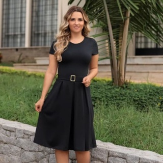 Vestido Moda Evangélica Rodado com Pregas e cinto Rodade