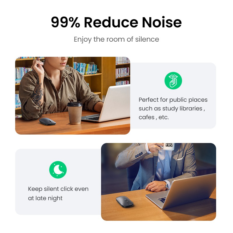UGREEN Mouse Sem Fio Silencioso 4000 DPI Para Computador Portátil PC Souris Sans Fil 3cm Fino 2.4G